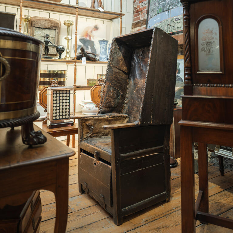 18th Century Leather, Pine and Oak Porter's Chair