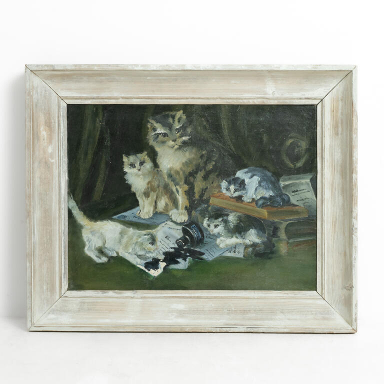Framed Oil on Canvas: Kittens Playing with Spilt Ink Bottle