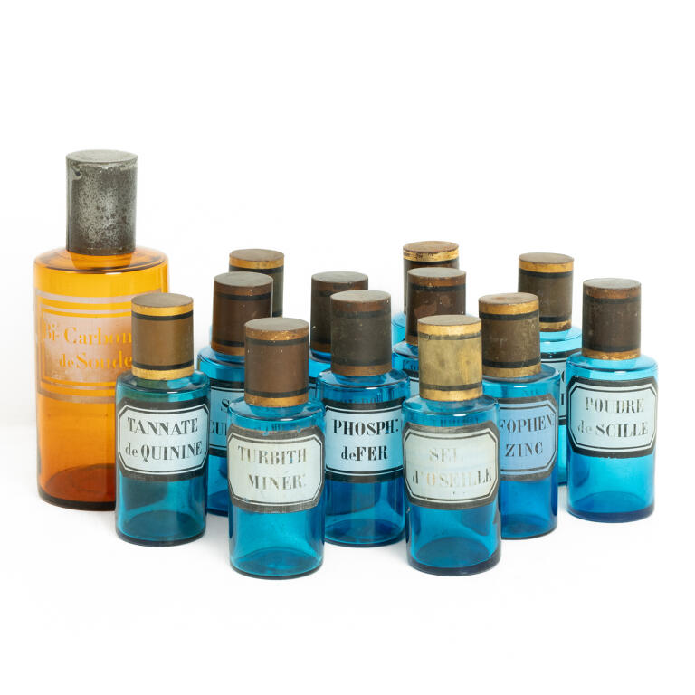 Set of Twelve Small Blue Apothecary Jars
