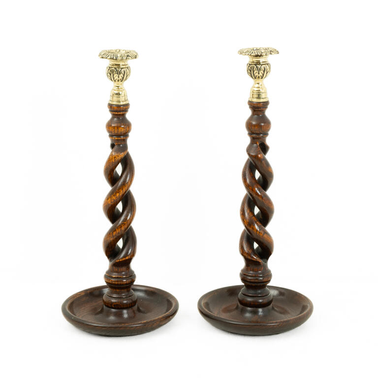Pair of Oak and Brass Open Twist Candlesticks