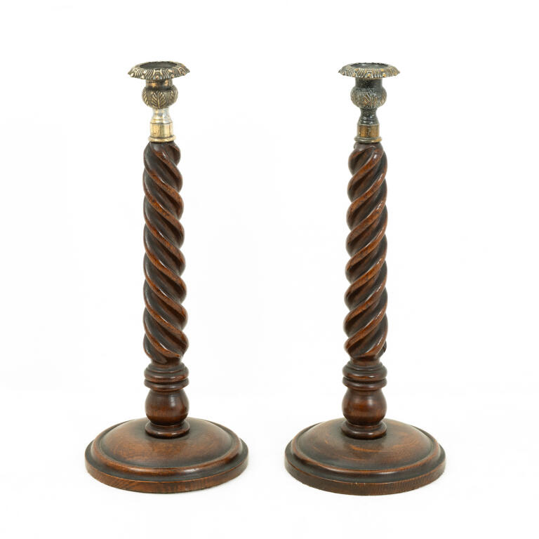 Pair of Unusual Barrel Shaped Oak and Brass Candlesticks